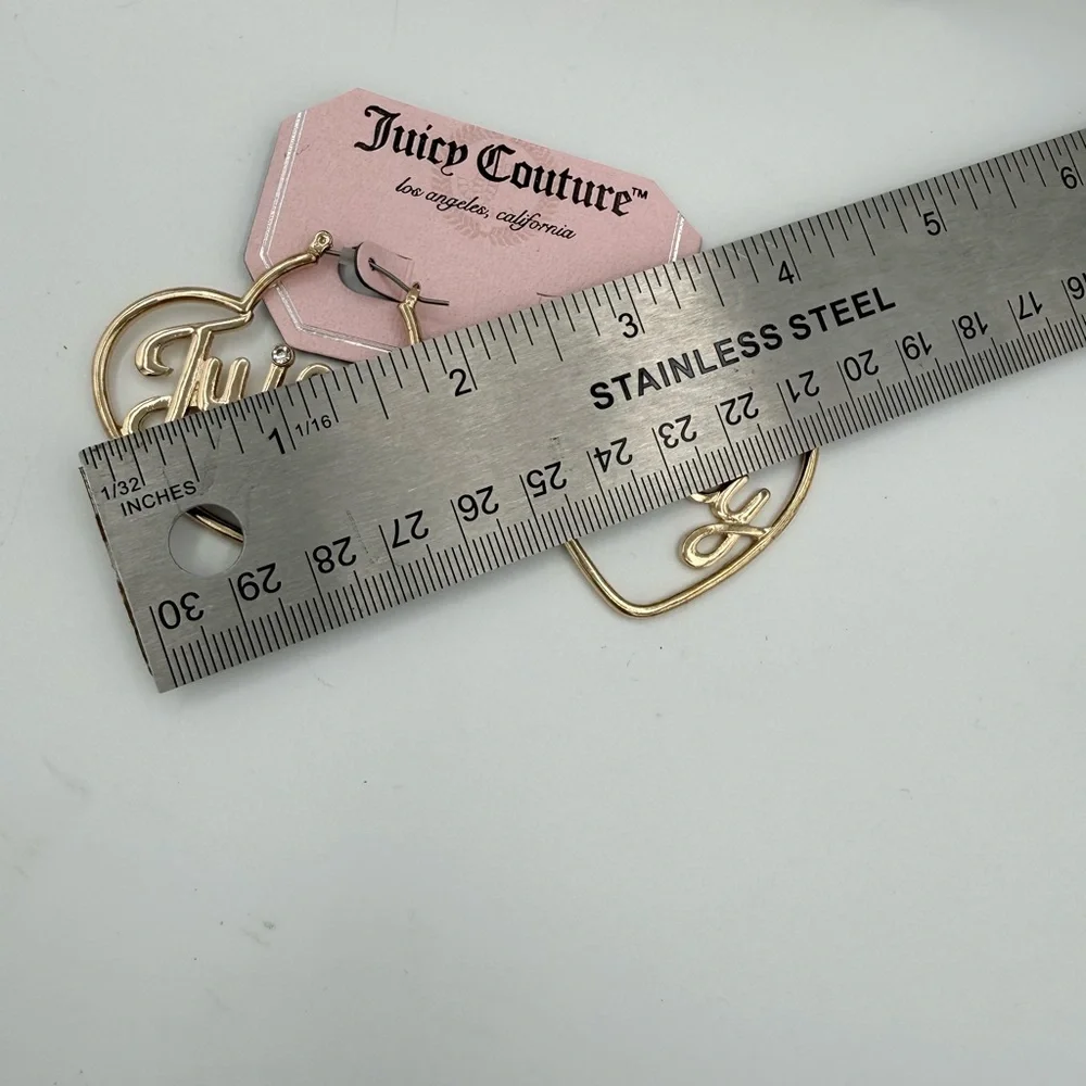 Juicy Couture‎ Gold Heart Hoop Earrings “Juicy” Script Rhinestone NWT Y2K